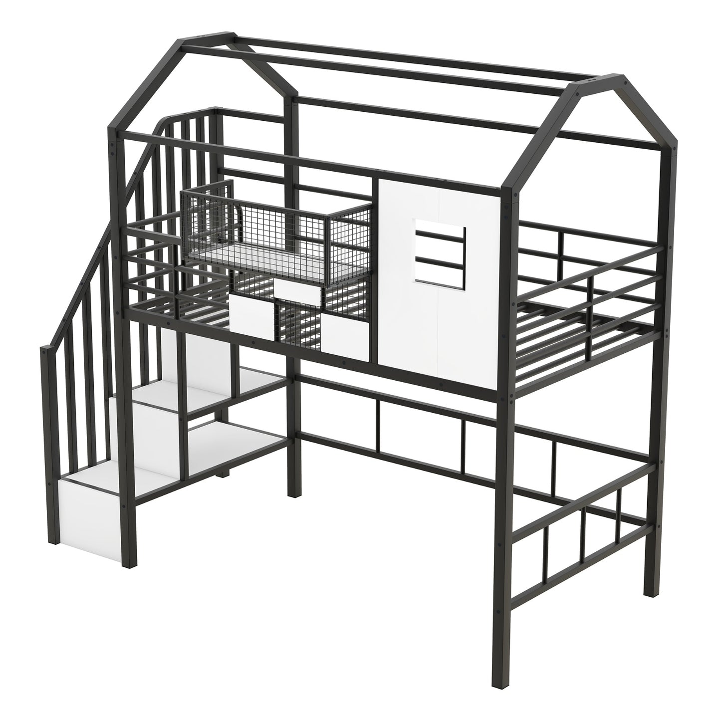 Twin Metal Loft Bed with Roof Design, Guardrails, and Storage Box