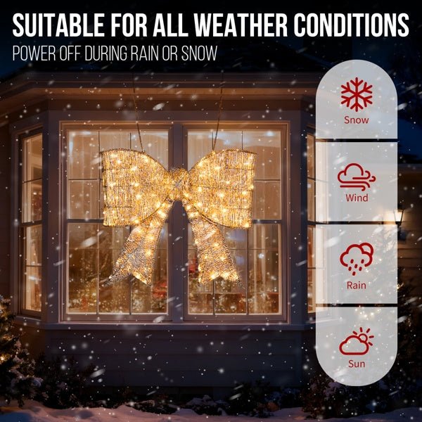 Pre-lit Outdoor Giant Bowknot Christmas Decoration, Lighted Metal Frame With 124 Warm White LED Lights, For Front Door Gate Wall Indoor Outdoor Holiday Party, Golden