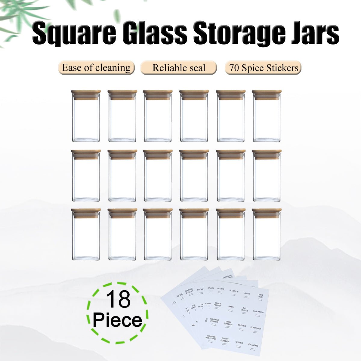 18Pcs Square Spice Jars With 72 Stickers, Kitchen Pepper Jars For Salt Seasoning