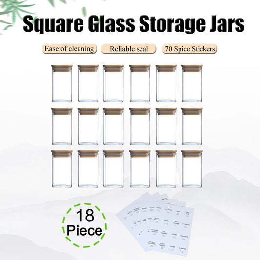 18Pcs Square Spice Jars With 72 Stickers, Kitchen Pepper Jars For Salt Seasoning