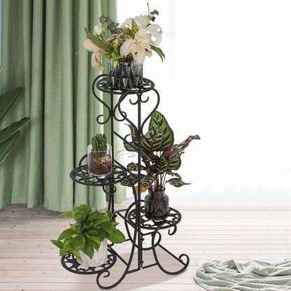 Metal Plant Stand with 4 Round Flower Pot Holders – Black Iron Garden Display Rack
