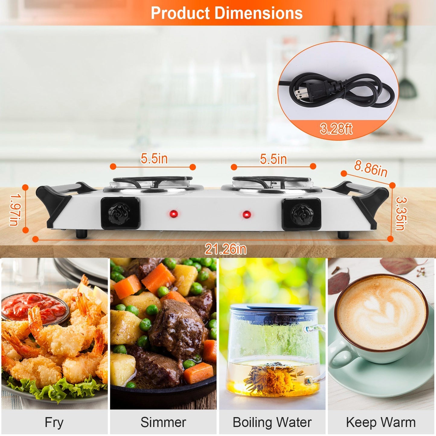2000W Electric Dual Burner Portable Coil Heating Hot Plate Stove Countertop RV Hotplate With 5 Temperature Adjustments Portable Handles