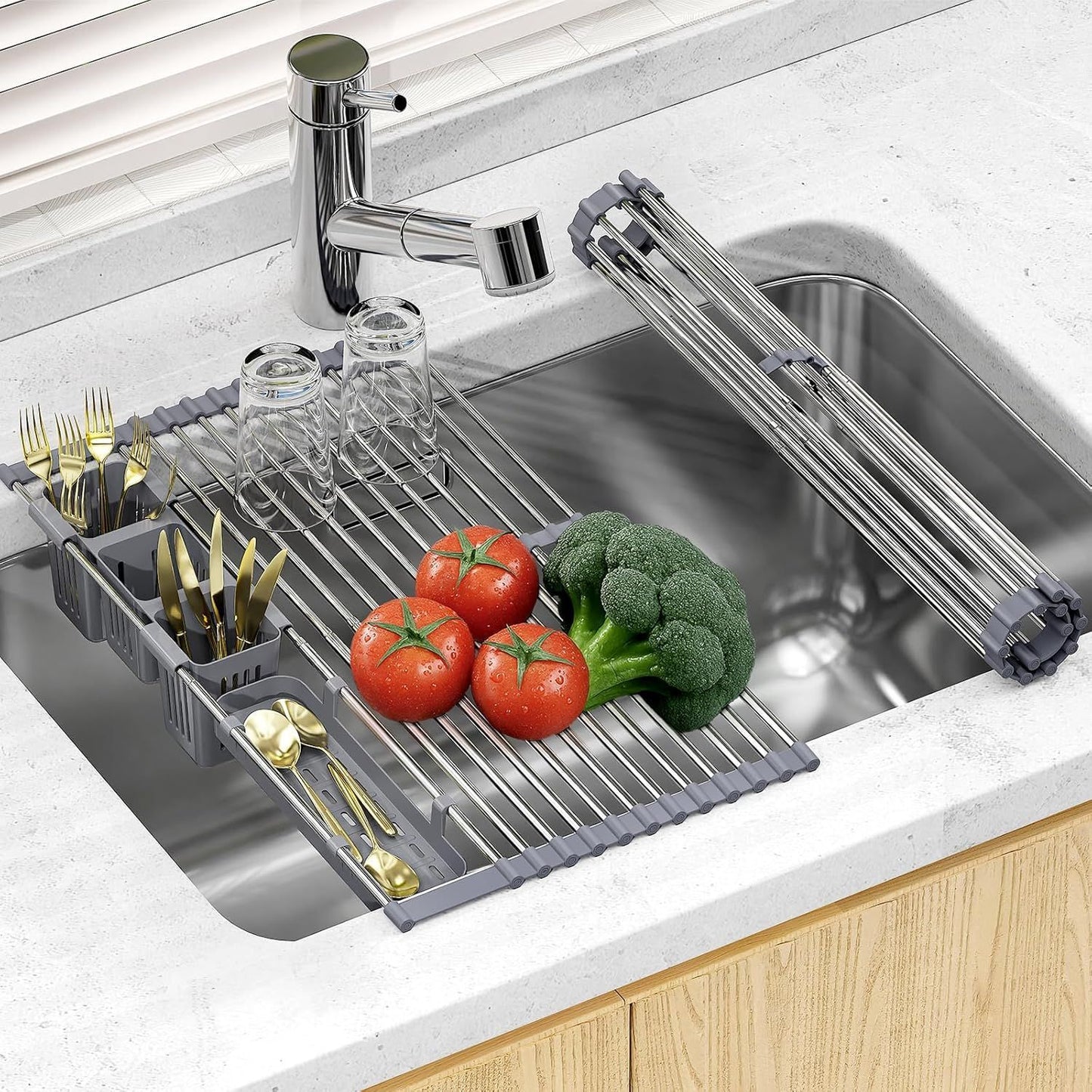 Expandable Roll Up Dish Drying Rack With 2 Removable Baskets Multipurpose Kitchen Drainer Caddy Organizer Storage Shelf Holder Stainless Steel Over The Sink Dish Drainer Space-Saving