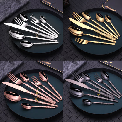 Embossed Handle Stainless Steel Flatware Set – 7-Piece, Black/Gold/Rose Gold/Silver