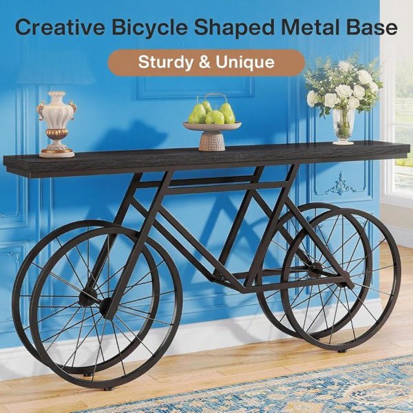 Creative 71 Inch Long Console Table With Bicycle Shaped Metal Base, Unique Wooden Entryway Or Sofa Table For Living Room, Hallway, Or Display Decor