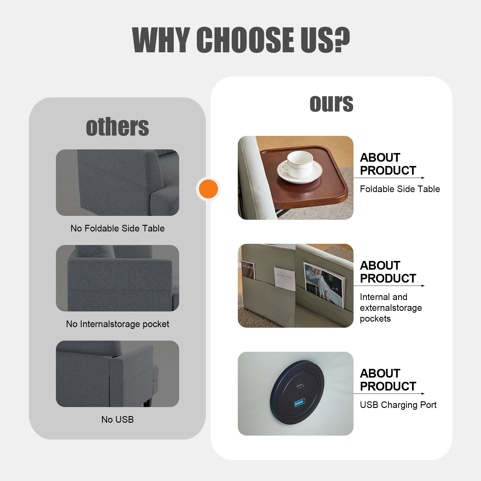 Convertible Sleeper Chair with Charging Ports & Folding Tray Table - DonoHome