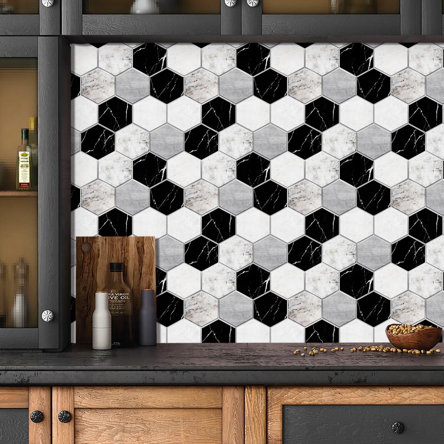 Black & White Marble Hexagonal Peel & Stick Wall Tiles – Waterproof Glossy PVC Backsplash for Kitchen & Bathroom