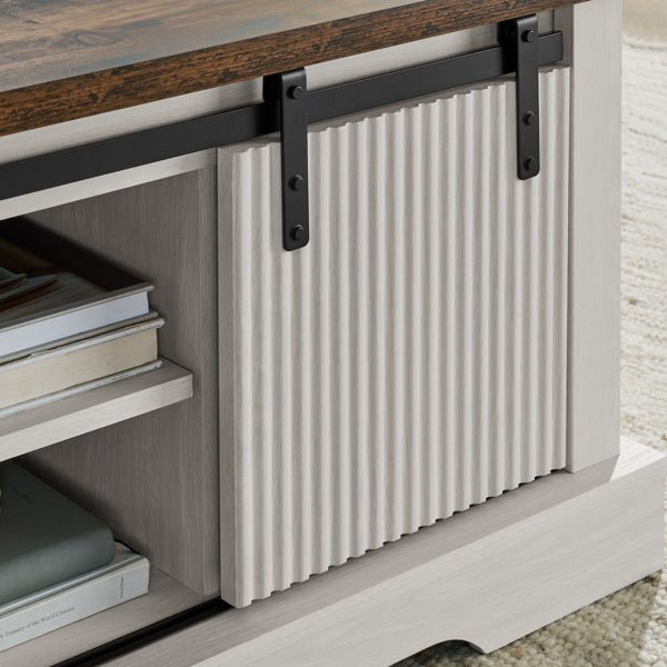 Rustic Farmhouse Coffee Table with Sliding Doors & Storage Shelves - 41 Inch - DonoHome