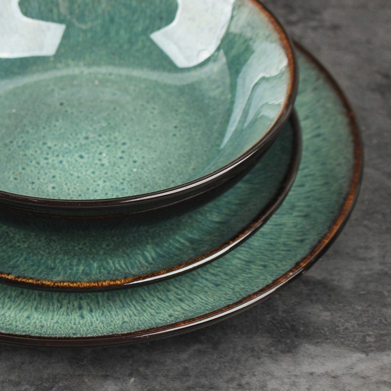 Minimalist Green Glaze Ceramic Tableware Set with Plates, Bowls & Mug for Home Dining