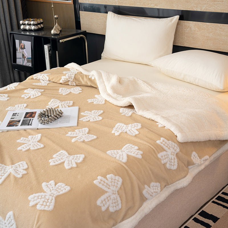 Cozy Polyester Blanket with Bowknot Jacquard Pattern, Warm Office Nap Throw