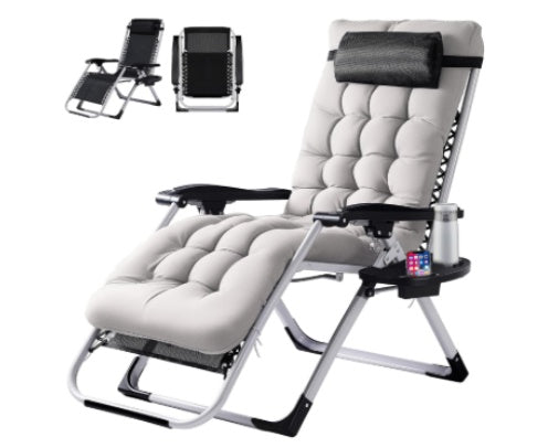 Zero Gravity Reclining Camping Lounge Chair w/ Cup Holder Tray & Removable Cushion (Black/Grey)