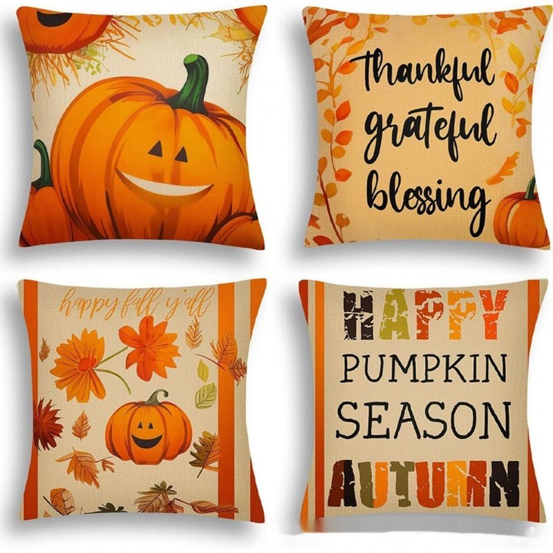 4-Piece Printed Linen Throw Pillowcase Set, Autumn Pumpkin Decor