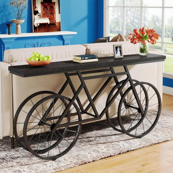 Creative 71 Inch Long Console Table With Bicycle Shaped Metal Base, Unique Wooden Entryway Or Sofa Table For Living Room, Hallway, Or Display Decor