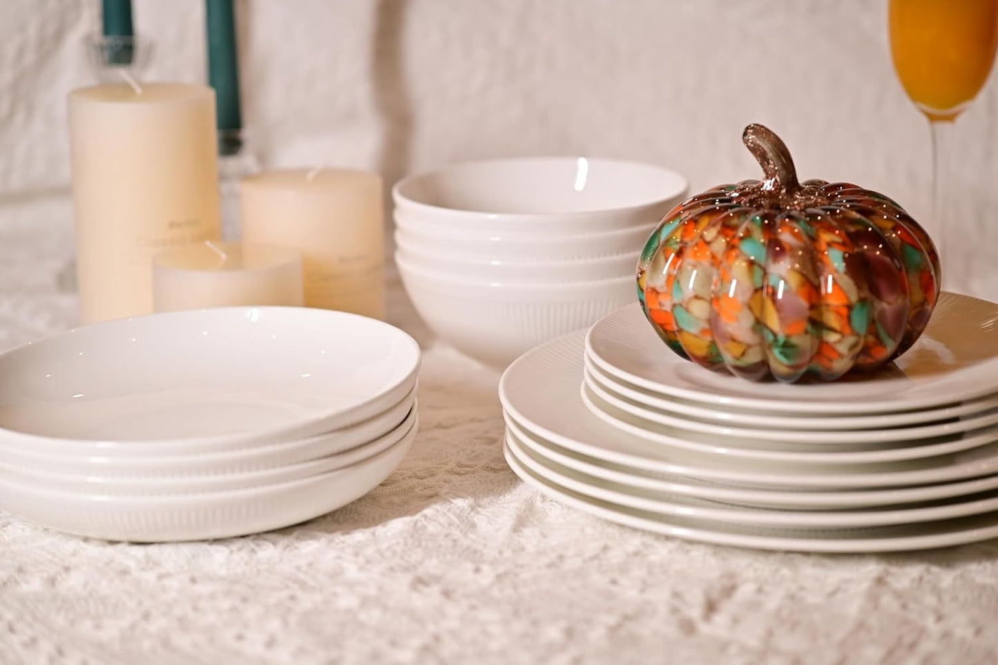 Dandelion Bone China Dinnerware Set – 16-Piece Service for 4 (Ivory White, Radial Lines, Microwave & Dishwasher Safe)