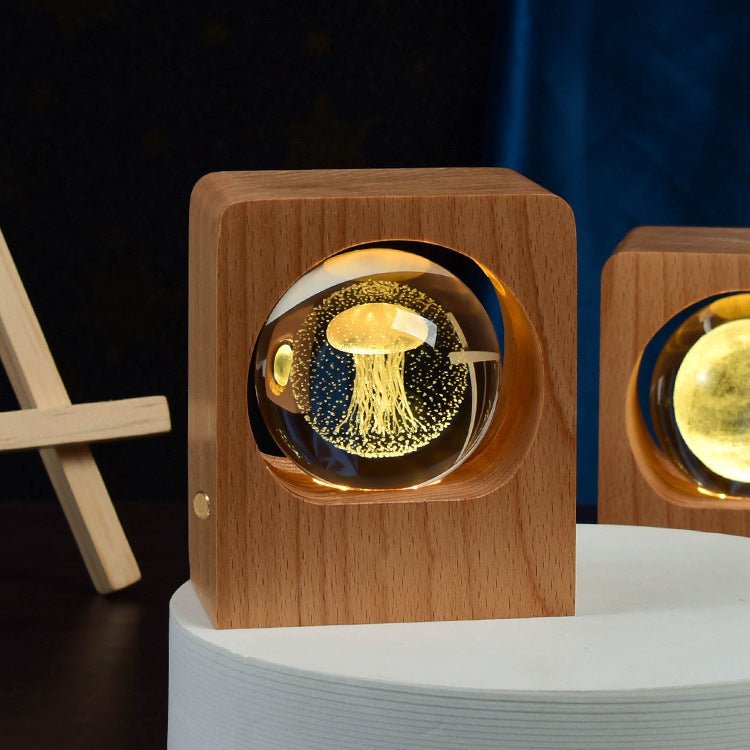 Wooden Base LED Night Light, 3D Laser-Engraved Galaxy Crystal Ball Lamp