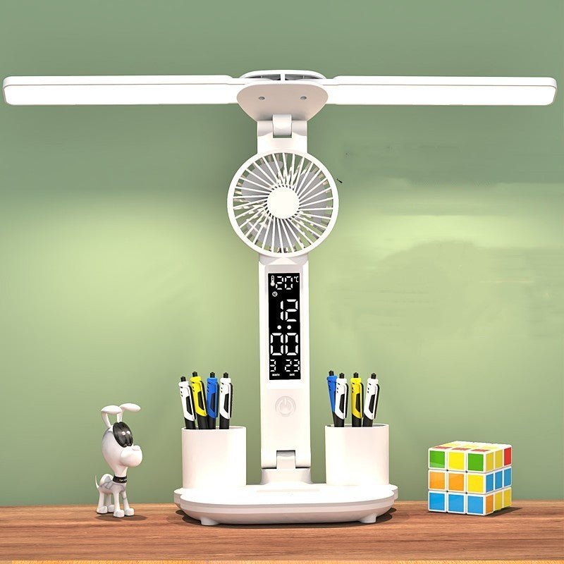 Multifunction LED Desk Lamp, Foldable with Fan, Clock, & Pen Holder