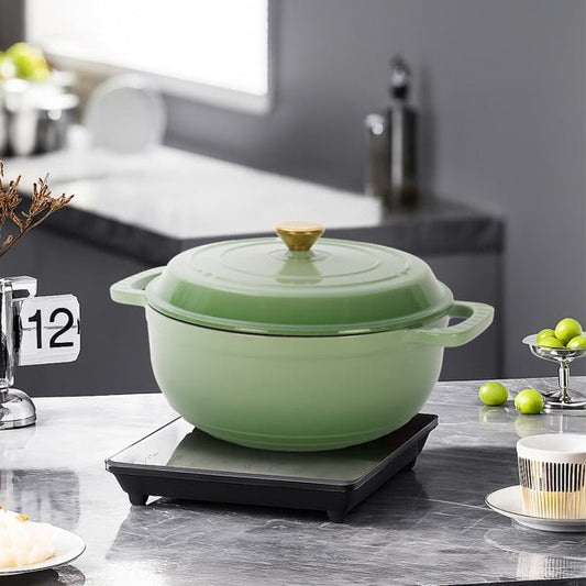 6QT Enamel Cast Iron Dutch Oven, Gradient Green, with Silicone Handles