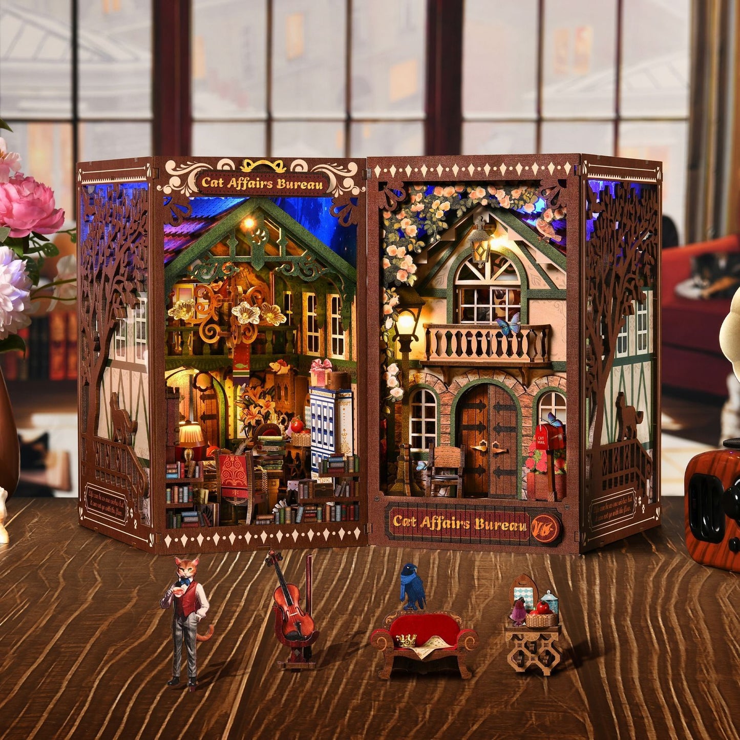 DIY Book Nook Kit, Hand-Assembled Wooden Miniature Cottage with Light