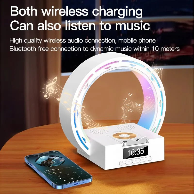4-in-1 Wireless Charger & Bluetooth Speaker, LED Bedside Lamp with Alarm Clock