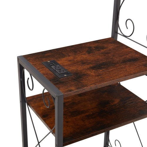 Queen Bed Frame with Bookcase Headboard & 2 Nightstands (Iron + Wood, Rustic Brown)
