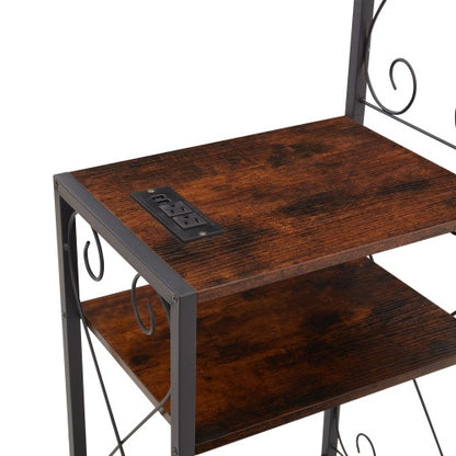 Queen Bed Frame with Bookcase Headboard & 2 Nightstands (Iron + Wood, Rustic Brown)