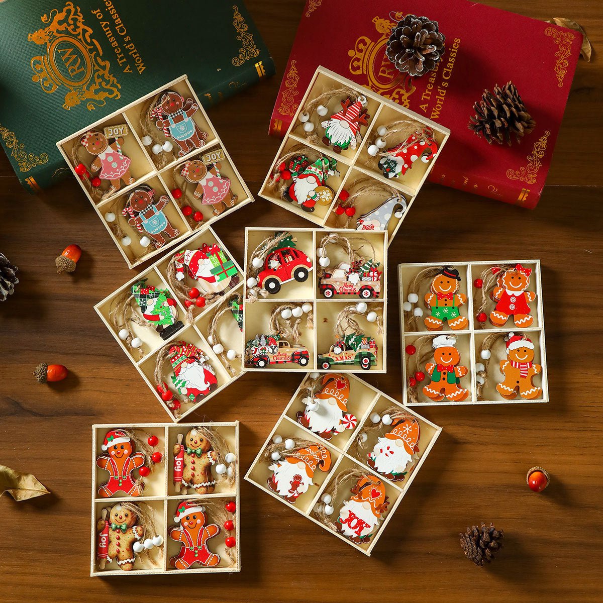 12 Pcs Wooden Christmas Ornament Set, Tree Pendants in a Gift Box