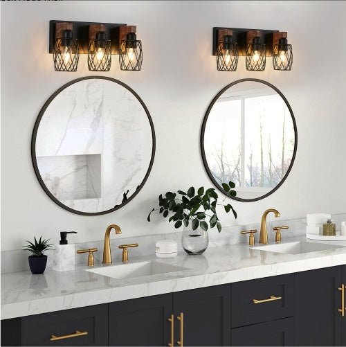 Industrial Vintage 3-Light Wall Sconce with Black Cage Design & Wooden Accents for Bathroom, Hallway or Living Room (Bulb Not Included)