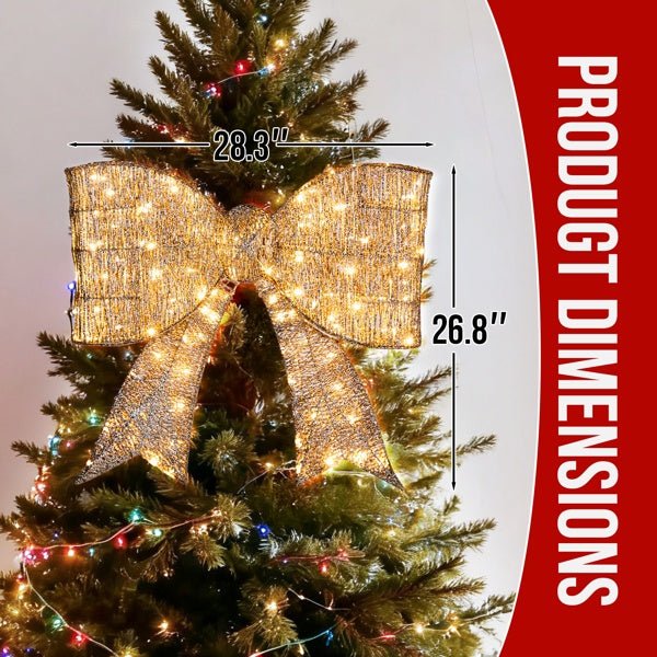 Pre-lit Outdoor Giant Bowknot Christmas Decoration, Lighted Metal Frame With 124 Warm White LED Lights, For Front Door Gate Wall Indoor Outdoor Holiday Party, Golden