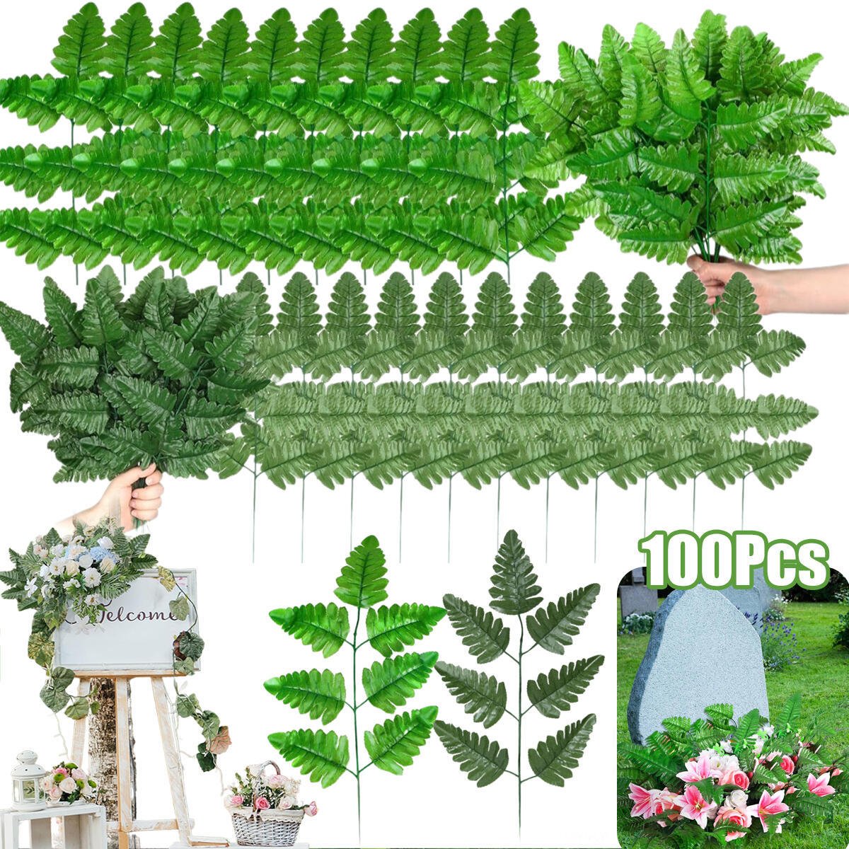 Artificial Fern Leaves Stem Green Cemetery Leaf Picks Wedding Flower Arrangements - DonoHome