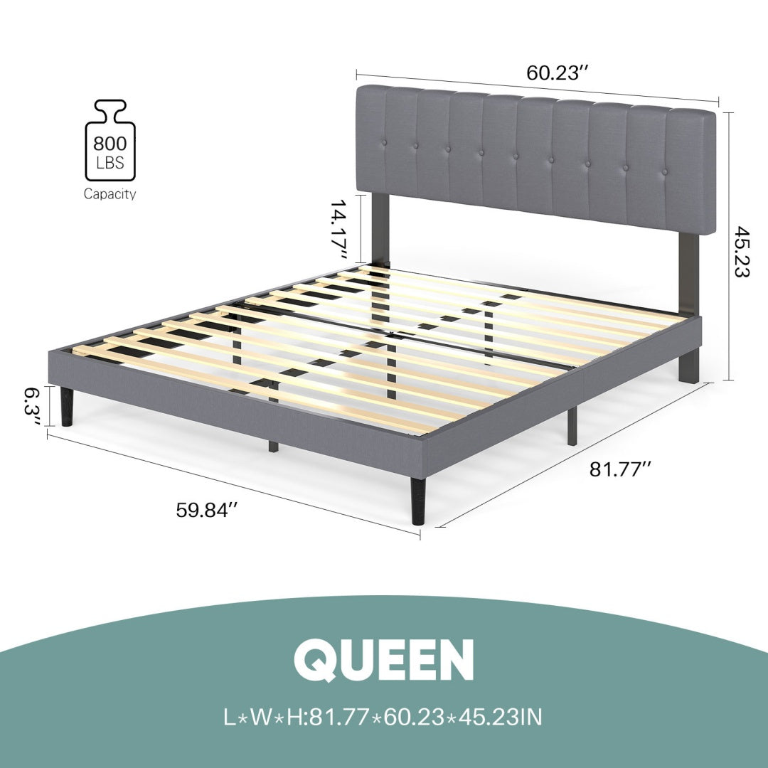 Upholstered Platform Bed Frame with Tufted Headboard (Gray, Iron Frame & Wood Slats) – Twin/Full/Queen/King