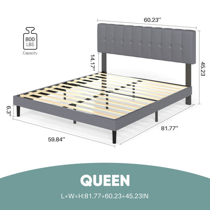 Upholstered Platform Bed Frame with Tufted Headboard (Gray, Iron Frame & Wood Slats) – Twin/Full/Queen/King