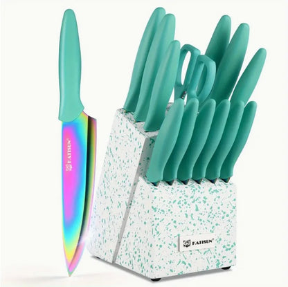 14-Piece Rainbow Titanium Kitchen Knife Set w/ Wooden Block & Shears (High-Carbon Stainless Steel)