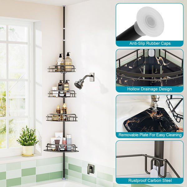 Corner Shower Caddy Tension Pole – 4-Tier Adjustable Rust-Free Bathroom Organizer Shelf