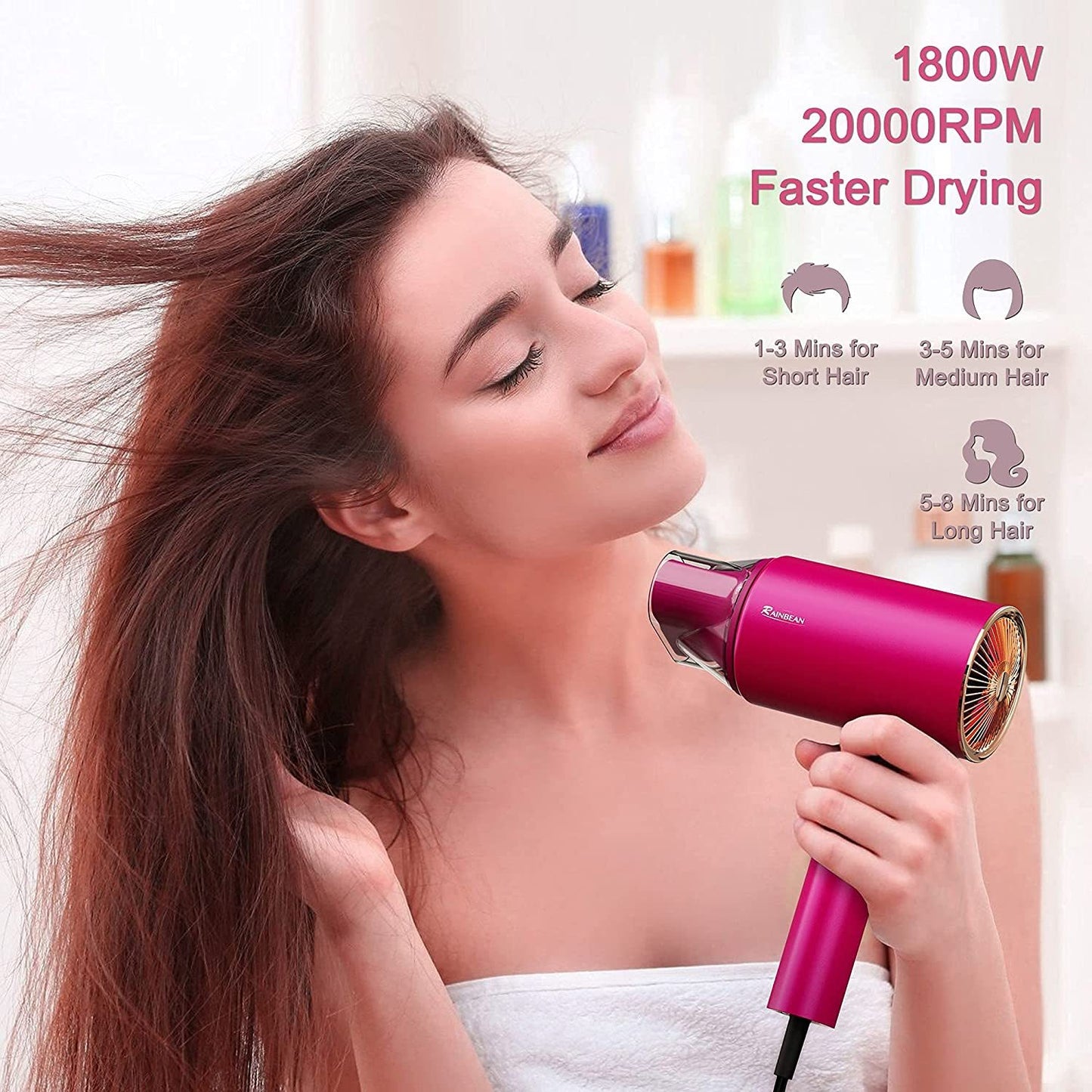 Water Ionic Hair Dryer – 1800W Blow Dryer with Magnetic Nozzle, 2 Speed & 3 Heat Settings, Low Noise Fast Drying