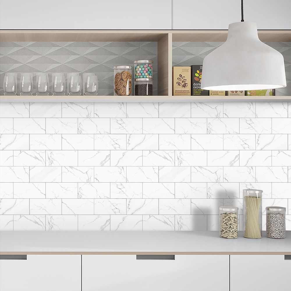 White Marble Look Peel & Stick Wall Tile Stickers – Waterproof PVC Composite for Kitchen & Bathroom
