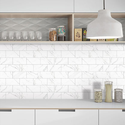 White Marble Look Peel & Stick Wall Tile Stickers – Waterproof PVC Composite for Kitchen & Bathroom