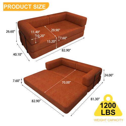 Convertible Sleeper Sofa Bed With Cylindrical Pillow, Corduroy Folding Mattress Couch With Fixed-Shape Frame, Floor Sofa Lounge Couch For Living Room Bedroom Lounge Studio Orange Red