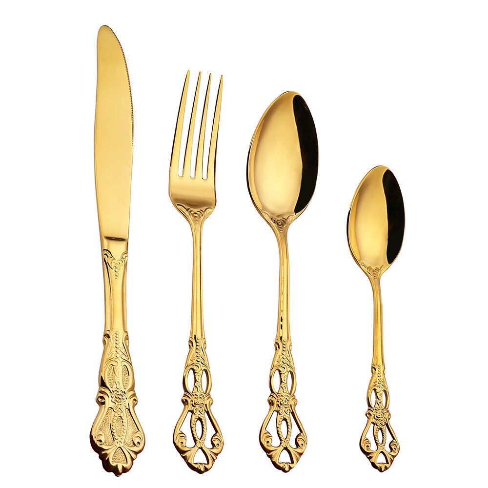 Luxury European Pattern Stainless Steel Cutlery Set – Golden Fork & Knife Flatware Collection