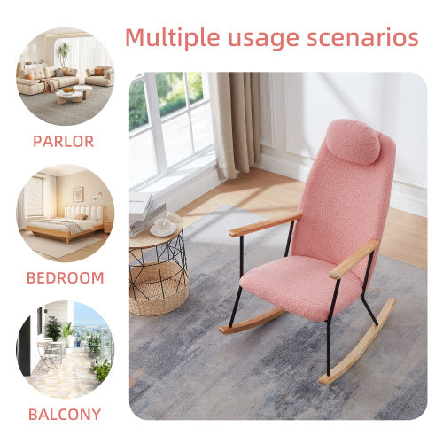 Modern Upholstered Rocking Chair with Headrest & Armrests – Living Room/Bedroom (Pink)