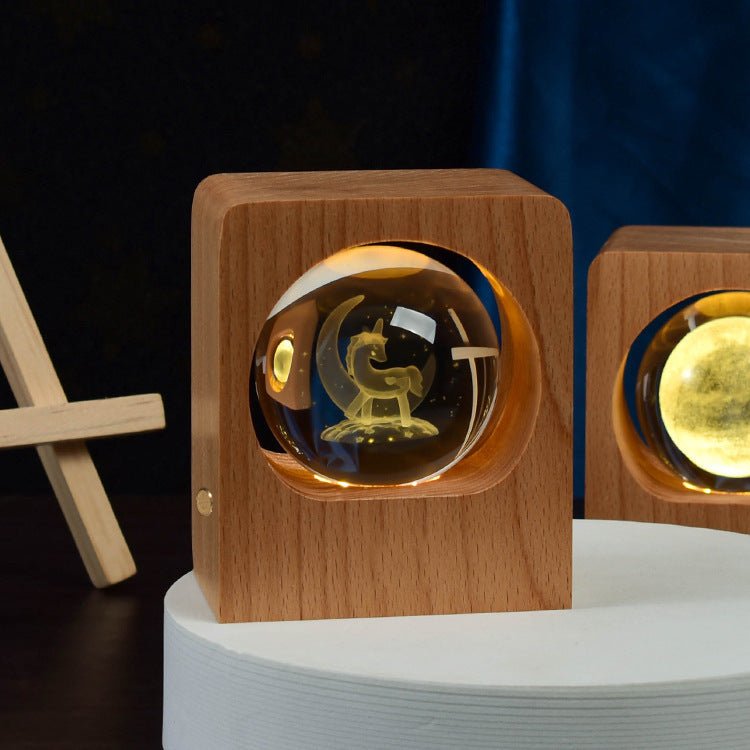 Wooden Base LED Night Light, 3D Laser-Engraved Galaxy Crystal Ball Lamp