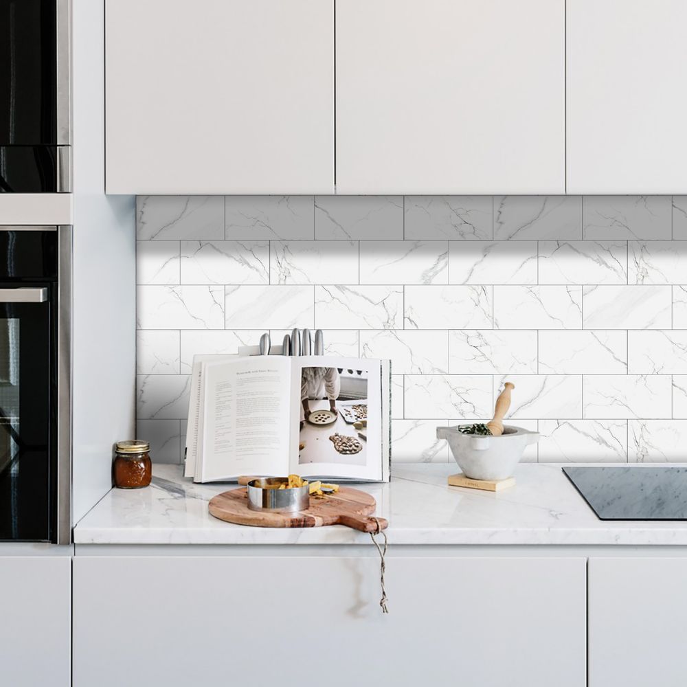 White Marble Look Peel & Stick Wall Tile Stickers – Waterproof PVC Composite for Kitchen & Bathroom