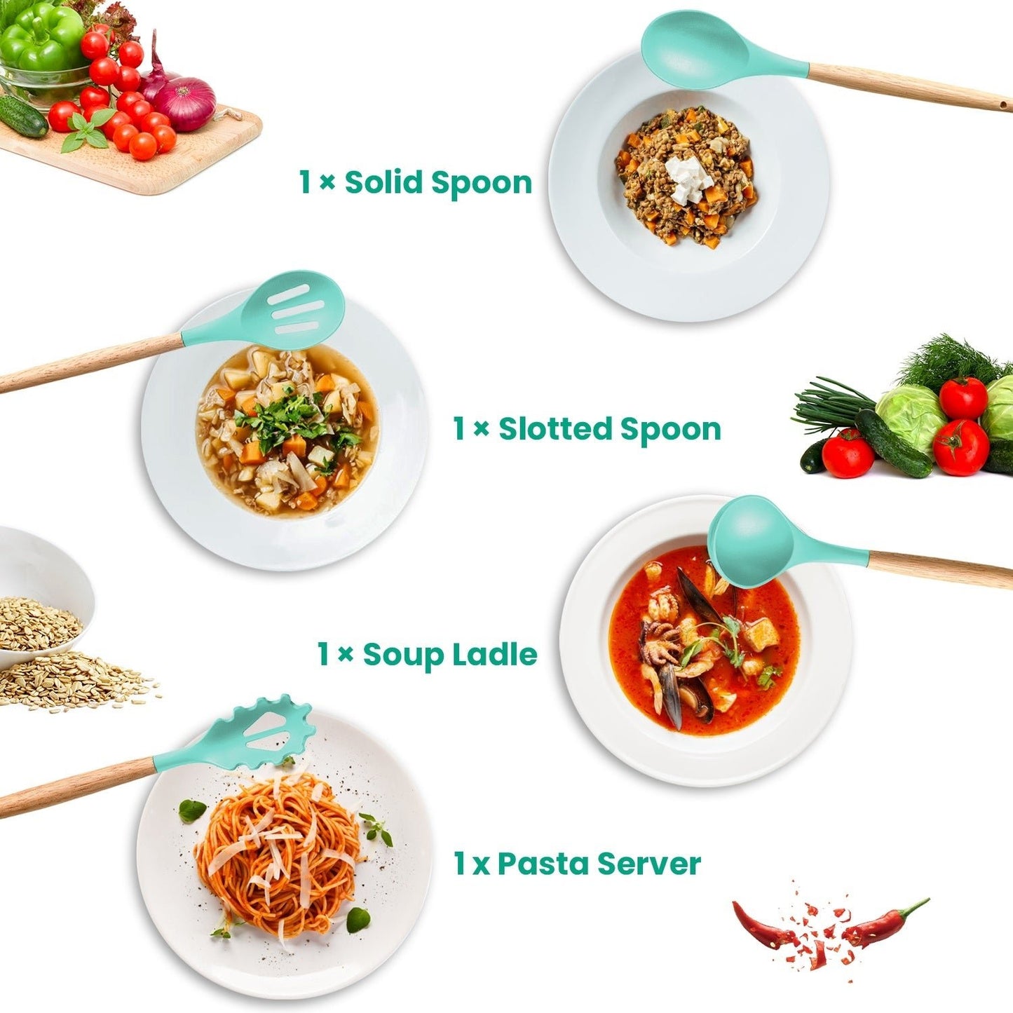 35Pcs Kitchen Cooking Utensils Set with Holder – Spatula, Whisk, Tongs, Spoons, Cups, Separator (4 Colors)