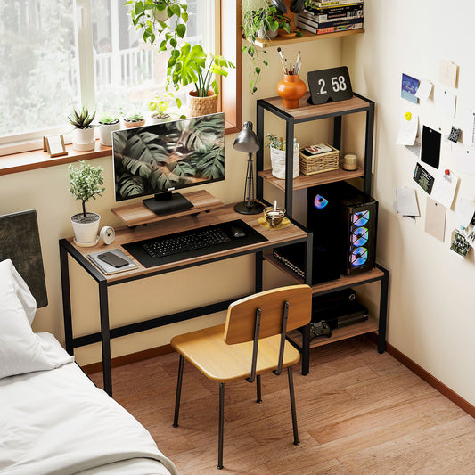 Computer Desk with Monitor Stand & Reversible 4-Tier Shelf (59″, Industrial Brown)