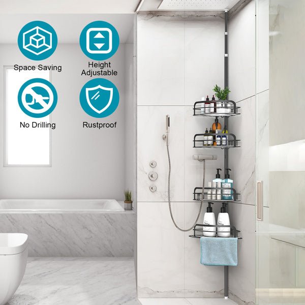 Corner Shower Caddy Tension Pole – 4-Tier Adjustable Rust-Free Bathroom Organizer Shelf