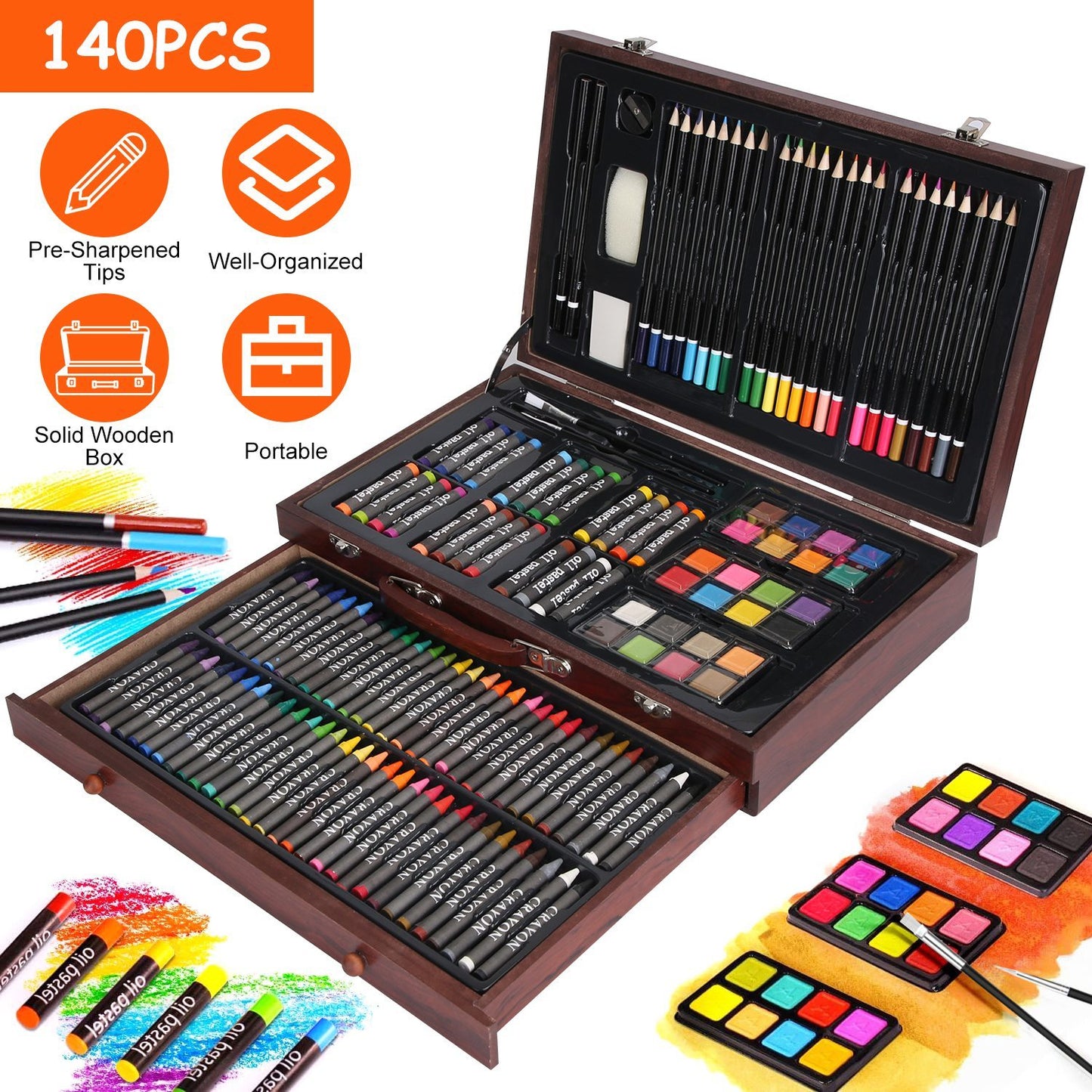 140Pcs Professional Art Kit – Colored Pencils, Oil Pastels, Crayons, Watercolor Cakes & Brushes in Wooden Box