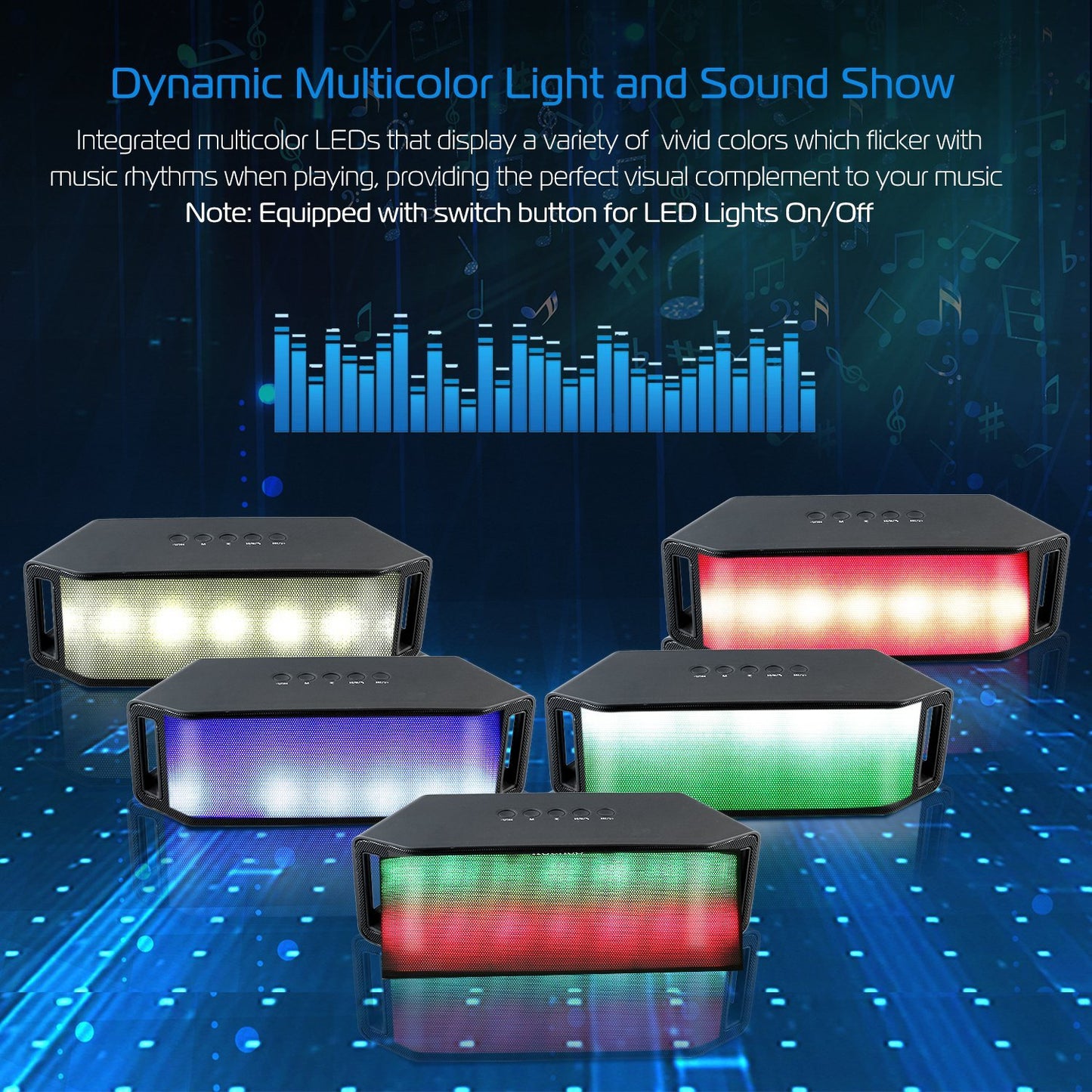 Portable Wireless LED Bluetooth Speaker with FM Radio, USB/SD Reading, AUX-in & Multicolor Lights
