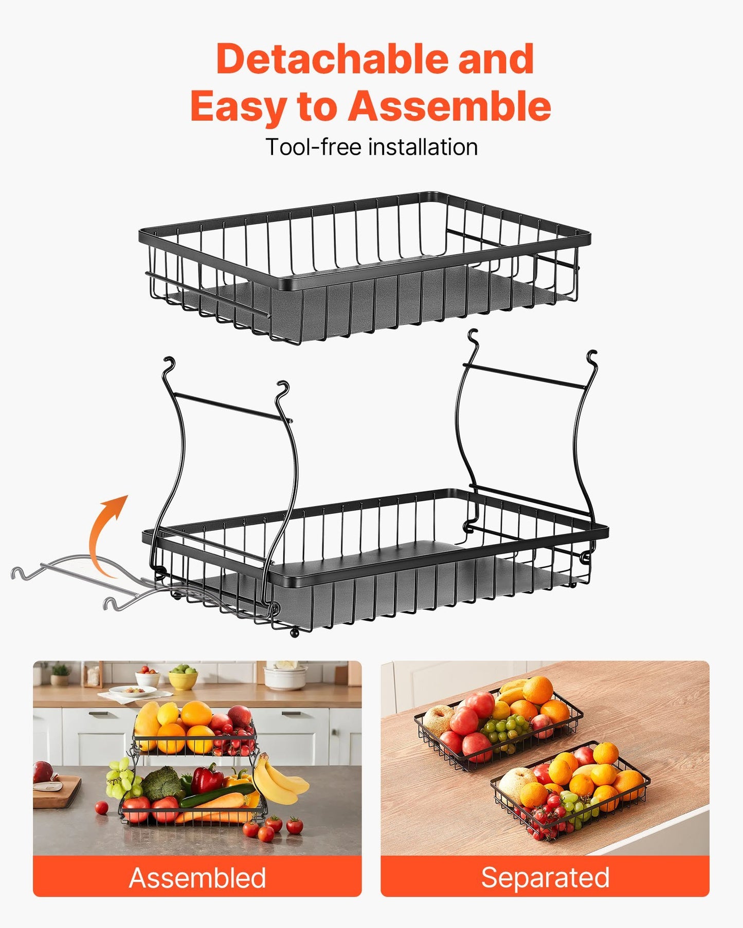 2-Tier Fruit Basket Stand – Kitchen Countertop Storage Rack with Banana Hanger