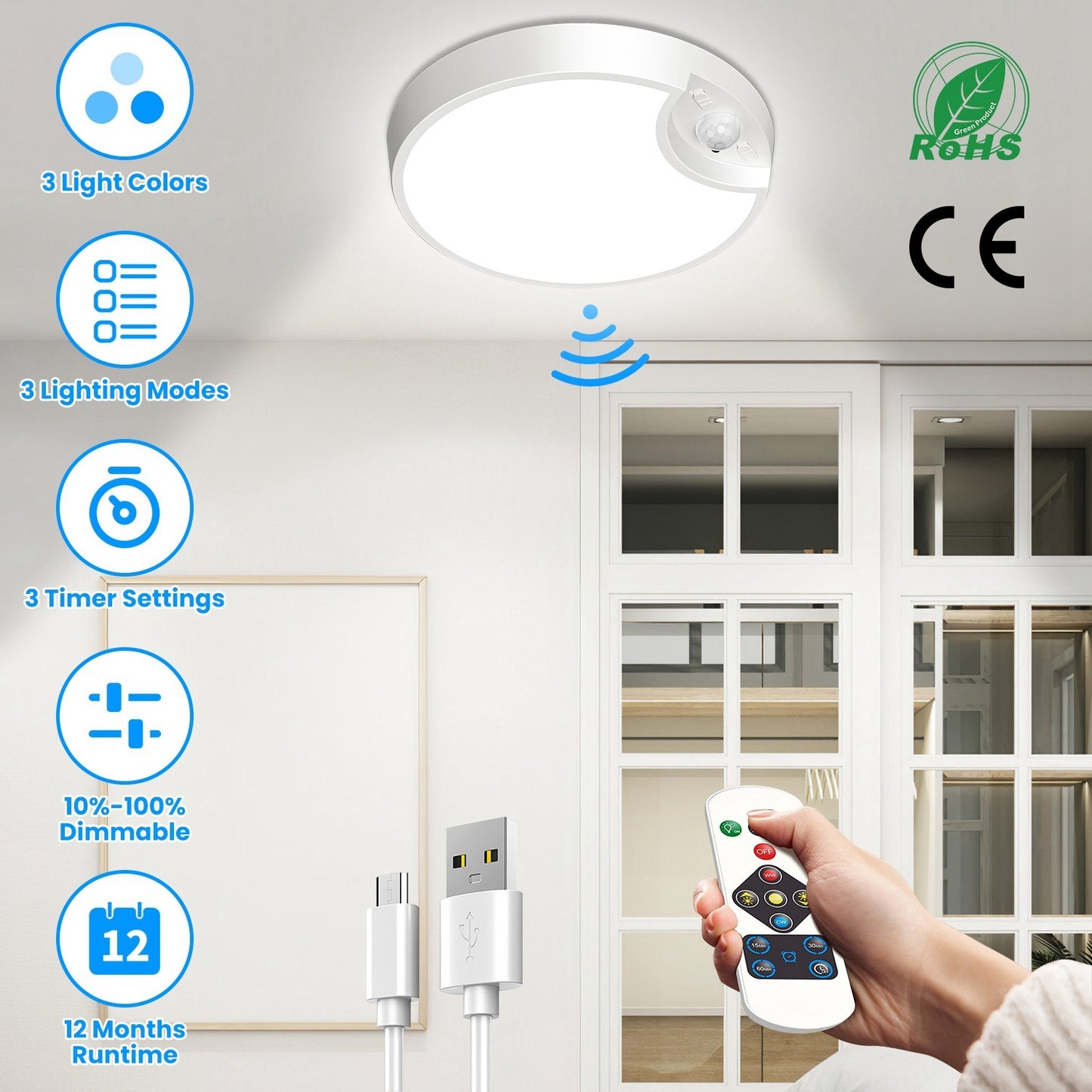 Rechargeable Motion Sensor Ceiling Light, Dimmable LED, Remote Timer, 3 CCT