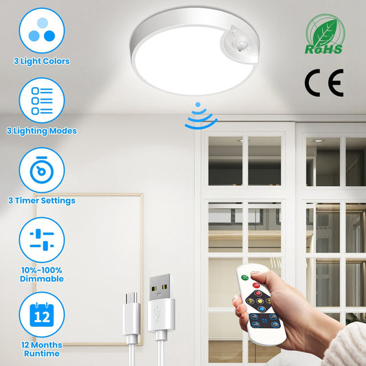 Rechargeable Motion Sensor Ceiling Light, Dimmable LED, Remote Timer, 3 CCT