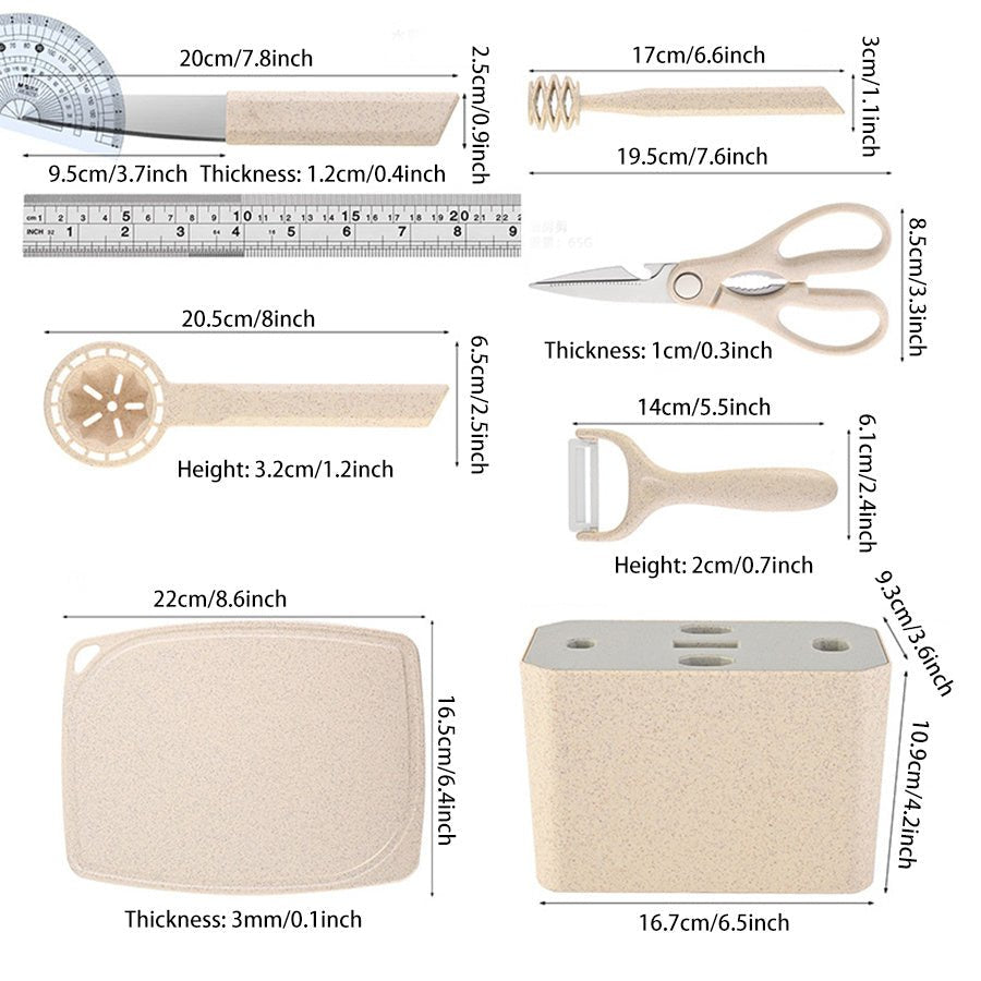 7pcs Multifunctional Wheat Straw Cooking Set with Storage Seat & Melon Planer - DonoHome
